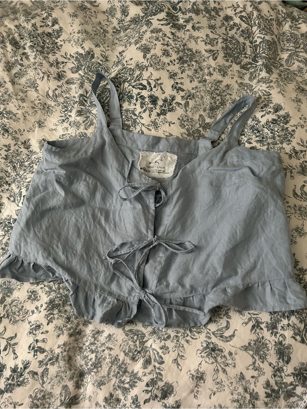 notPERFECTLINEN Lima Blue July Tie-Front Linen Crop